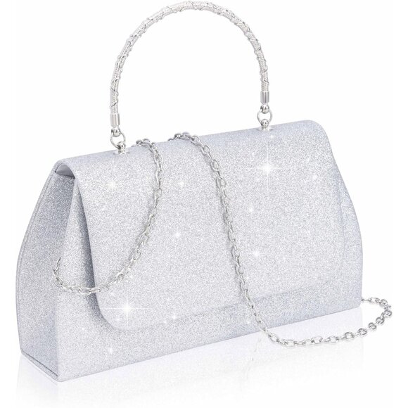 Women's Glitter Top Handle Evening Clutch Purse w/Chain Wedding Cocktail Club - Picture 1 of 7
